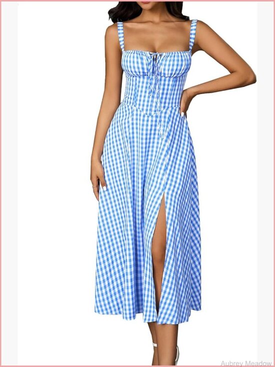 Dresses & Skirts - Spaghetti Strap Corset Midi Dress Square Neck Sleeveless Flowy Slit Lace Up Maxi
